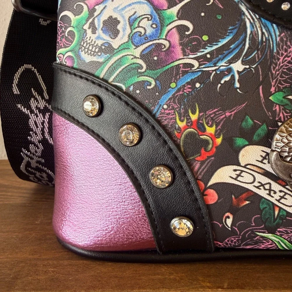 Ed Hardy Skull Roses‎ Tattoo Crossbody Bag Studded Y2K Purse NWT Metallic Pink